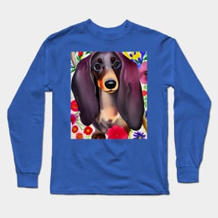 Dachshund Dog Puppy Whimsical Portrait Hiding in Wildflowers Secret Garden Digital Art Watercolor Painting Long Sleeve T-Shirt